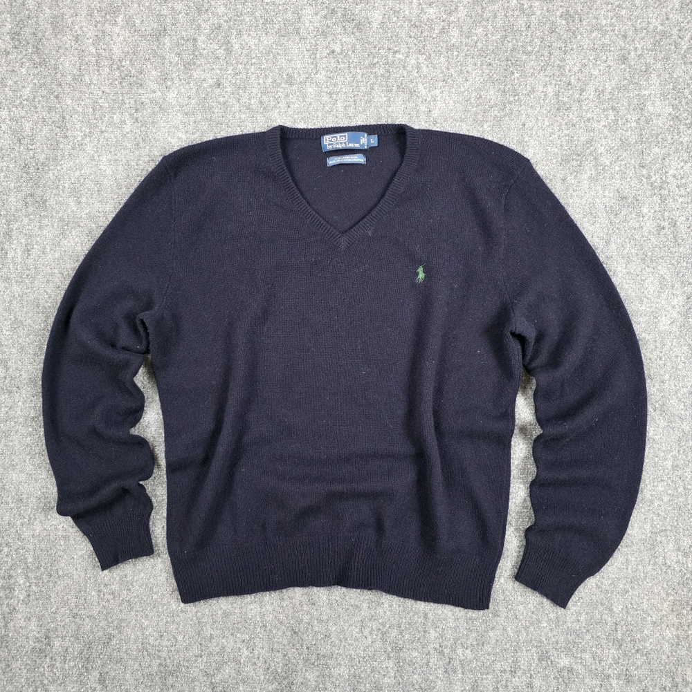 Polo Ralph Lauren 100% Lambswool V-Neck Sweater Navy Blue Large Heritage